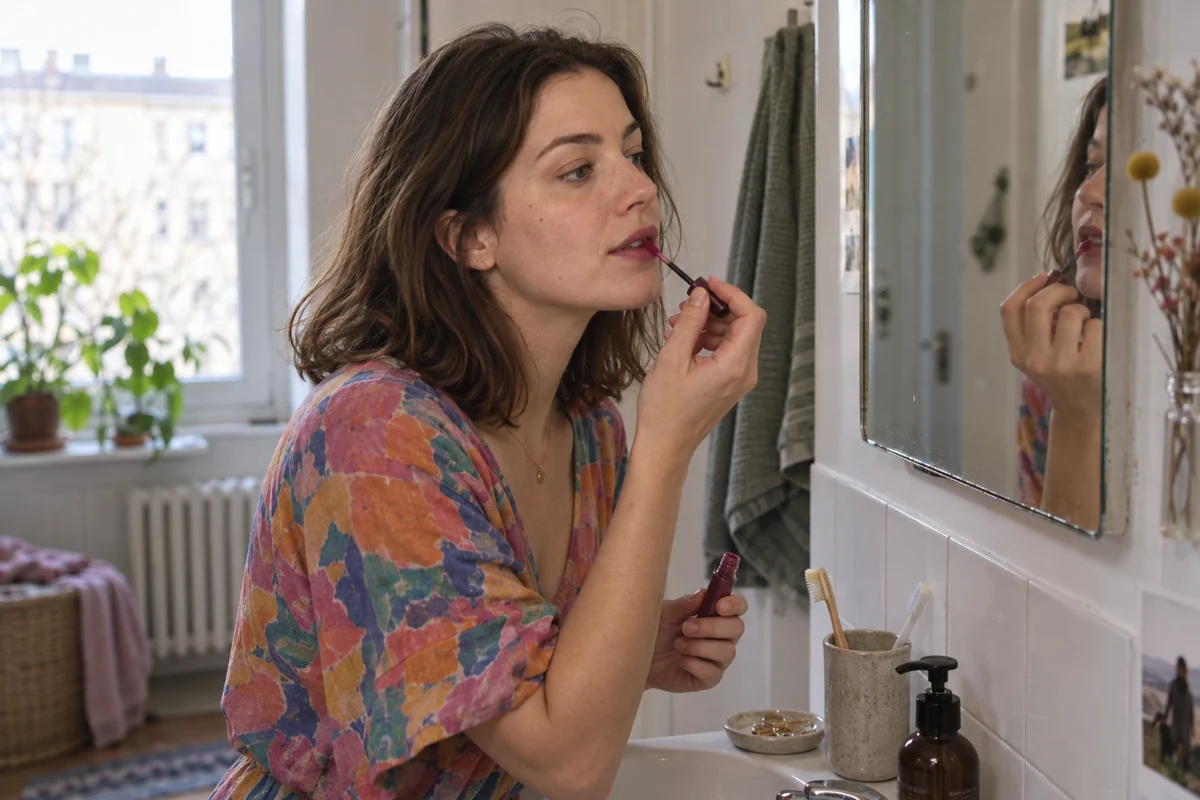 Frau trägt am Spiegel ein dezentes Make-up auf