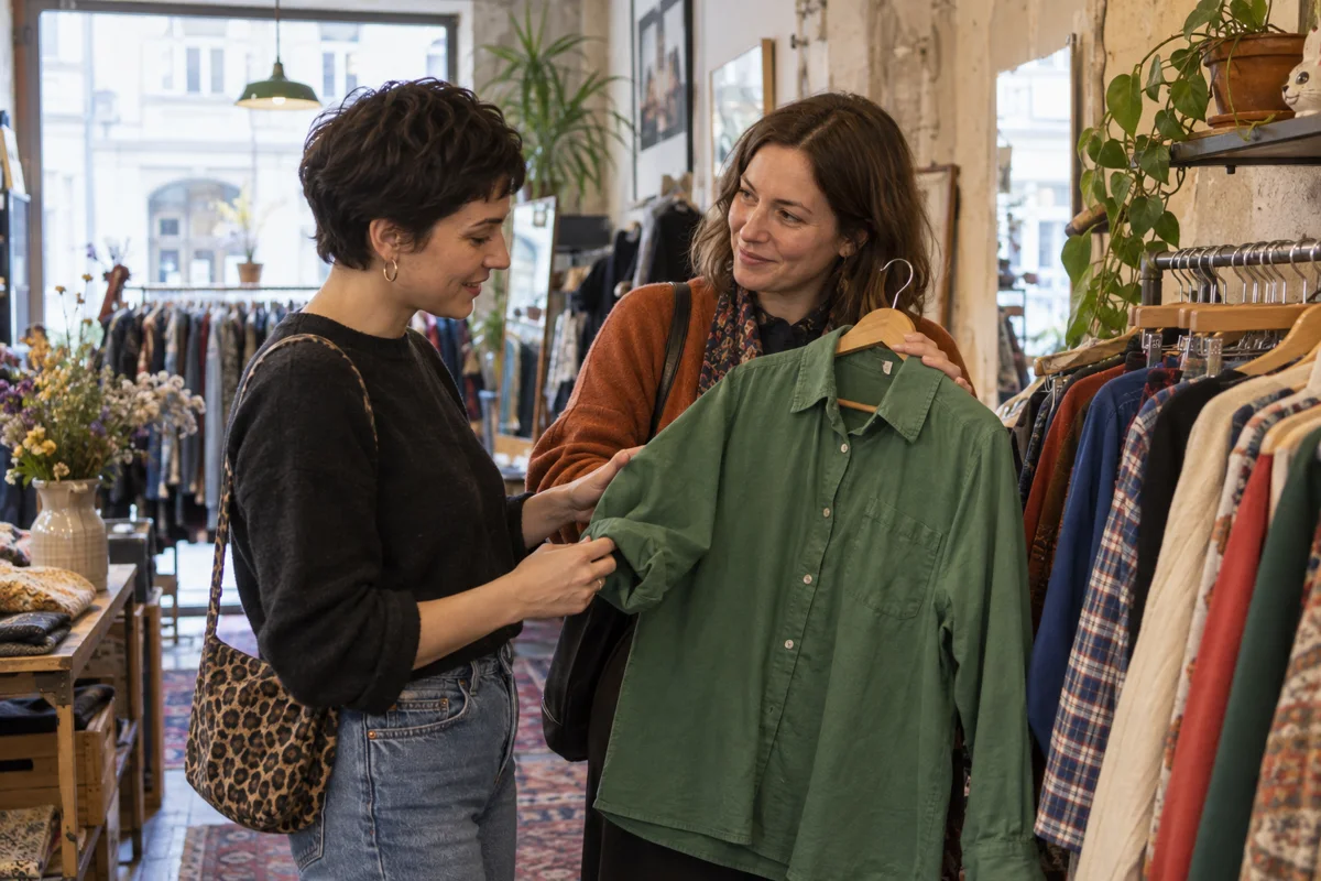 Zwei Frauen betrachten ein grünes Hemd in einem Secondhand-Laden
